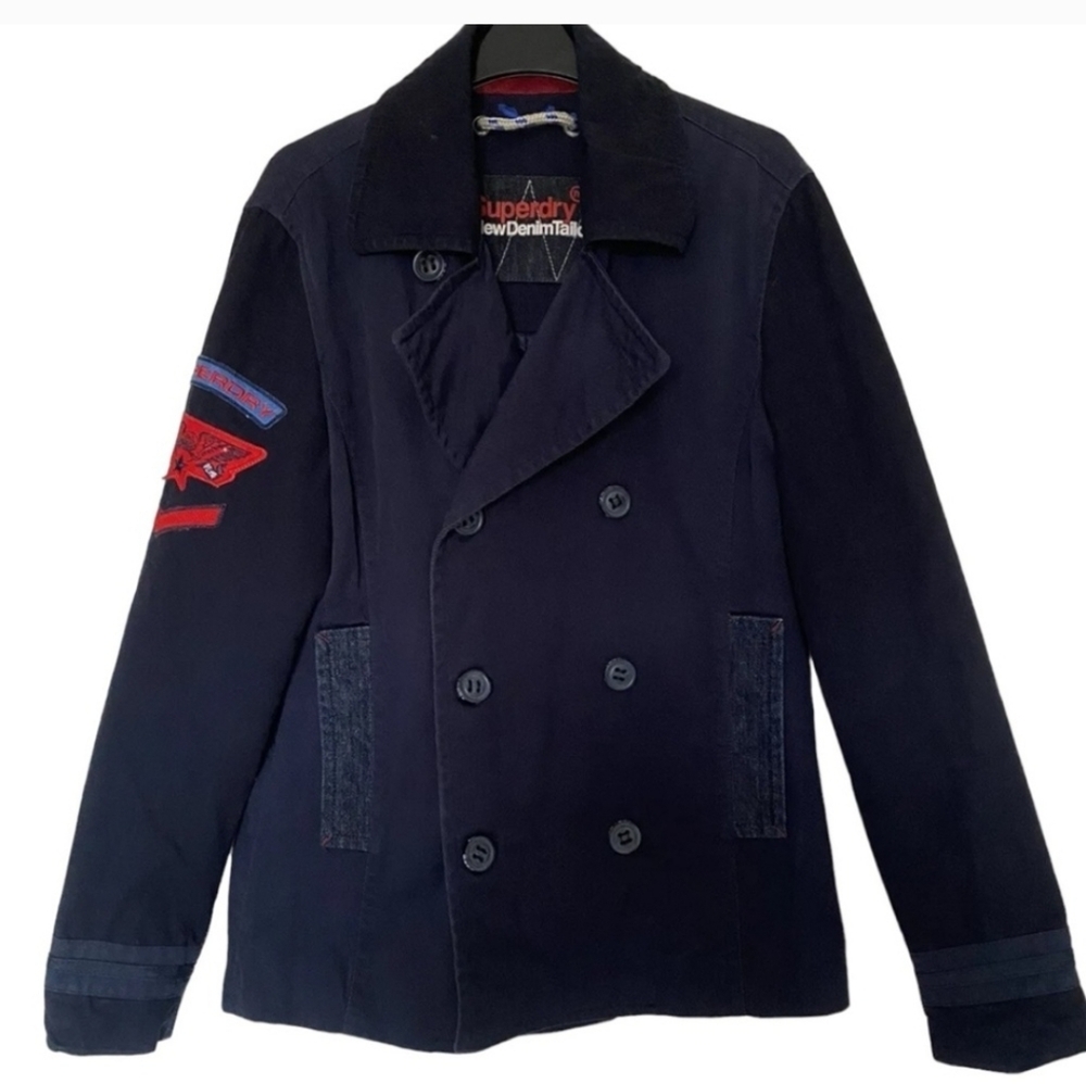 Men’s Superdry Double Breasted Super Liberty Cotton Peacoat Coat Navy Size S